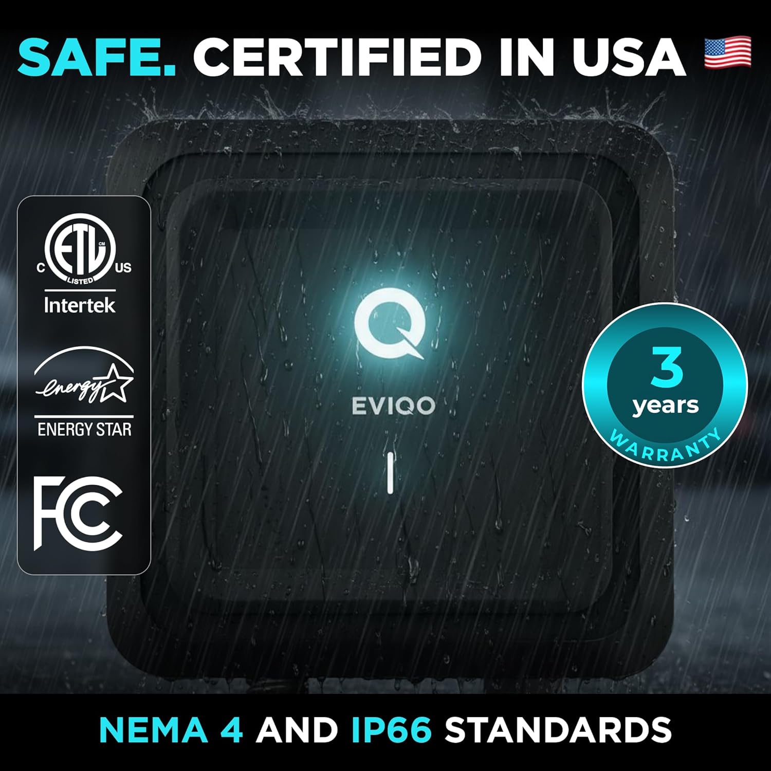 EVIQO Level 2 EV Charger, 40A (9.6kW), 240V, NEMA 14-50 Plug-in, J1772 for Non-Tesla EVs